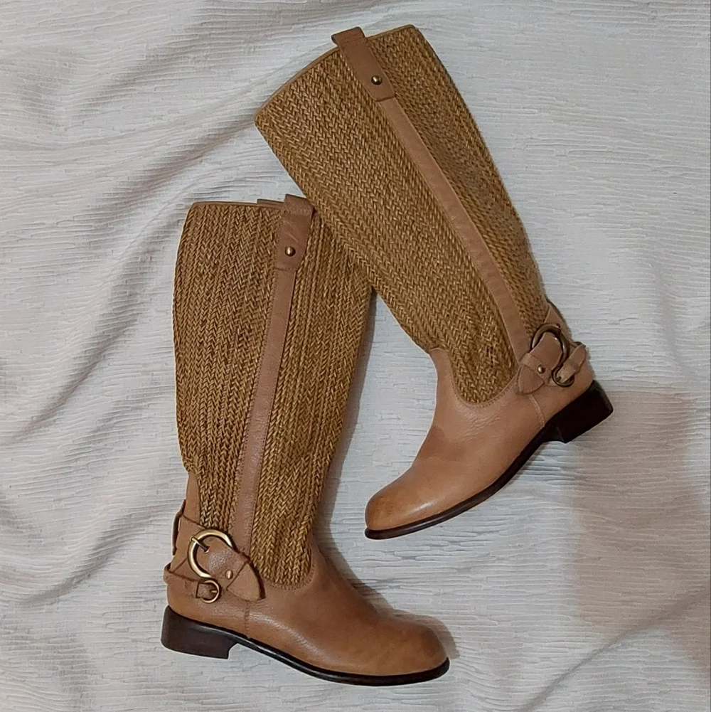Anthropologie Tan/brown Leather Woven Over the Knee Riding Boots Size 6